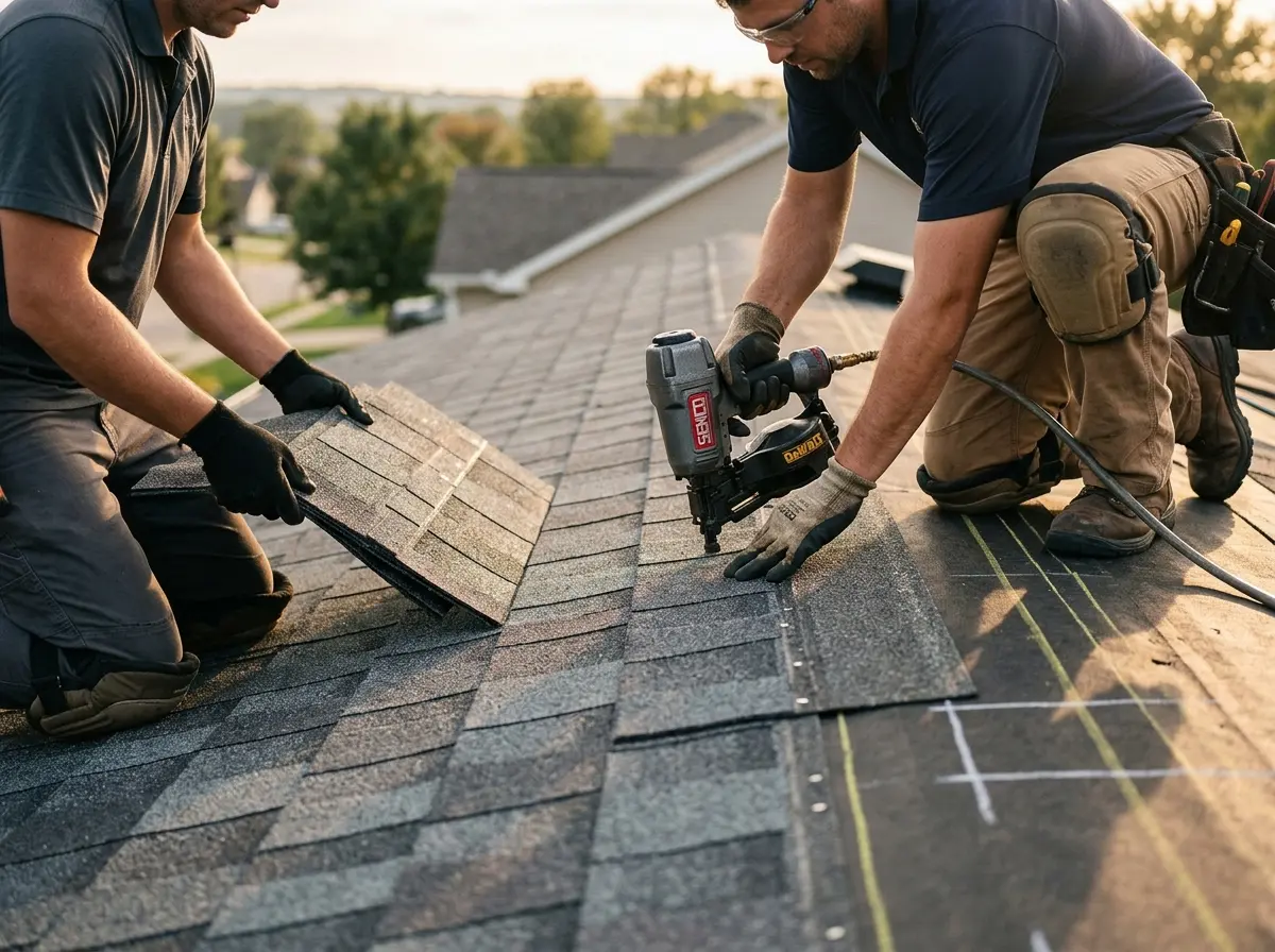 Professional roofer working on a residential roof in Hammond